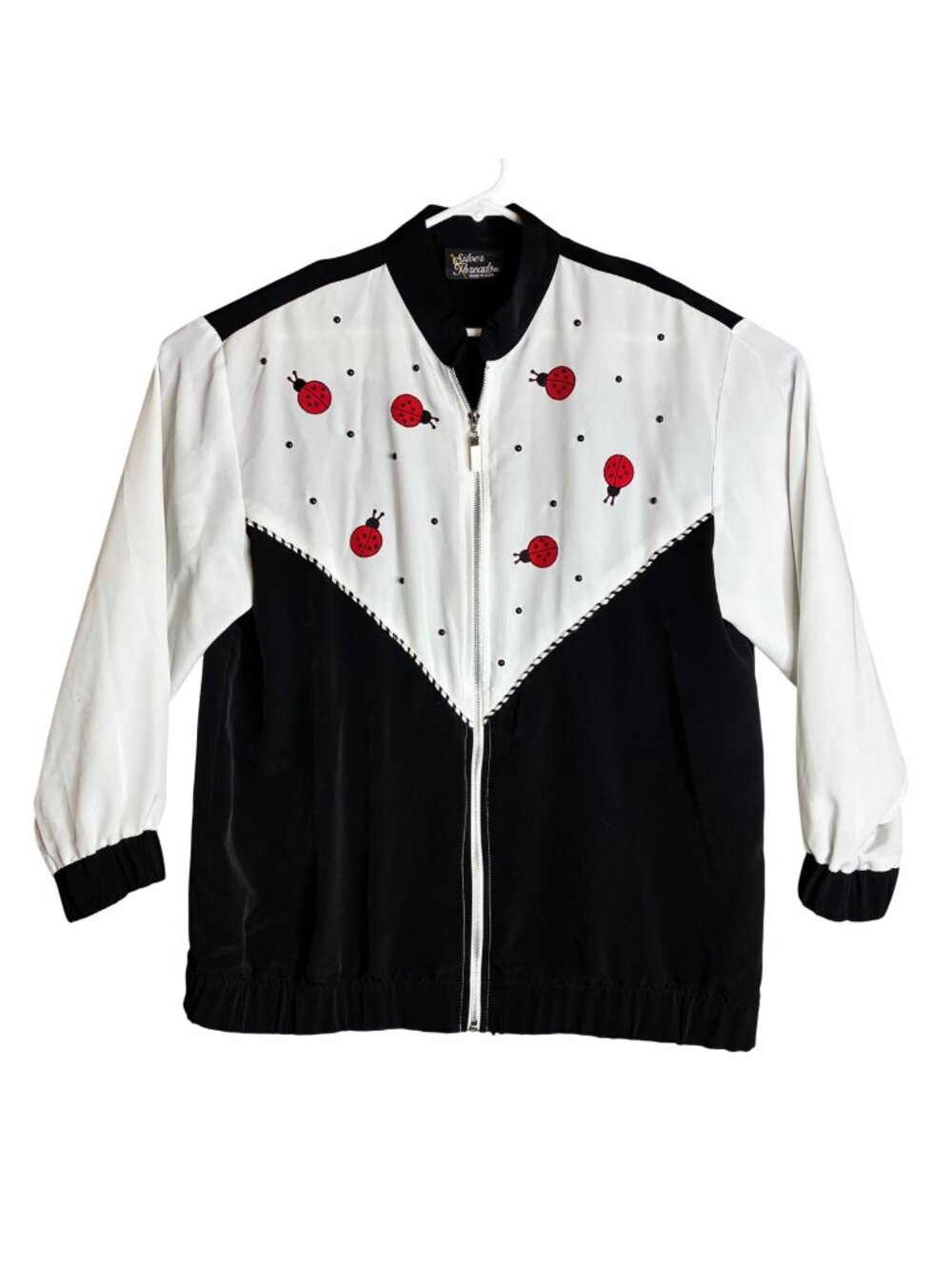 Silver Threads Vintage Ladybug Embroidered Jacket Large L Black White Cute Outer